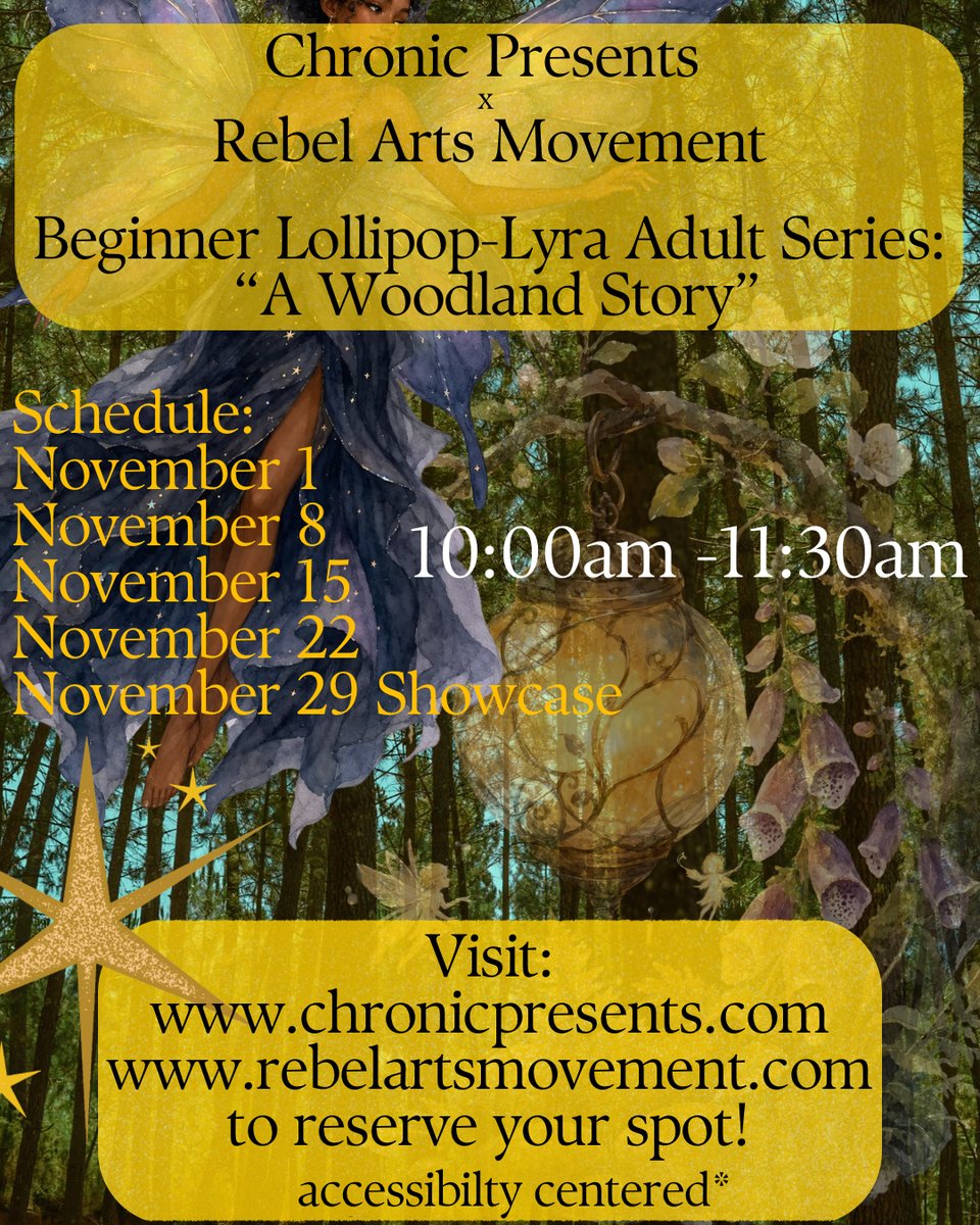 Chronic Presents x Rebel Arts Movement — Beginner Lollipop-Lyra Adult Series: A Woodland Story. Saturdays in November, 10:00am–11:30am. Click to sign up.